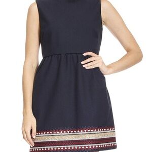Red Valentino Size 40 Embellished Mini Dress Navy Embroidered Hem Sleeveless